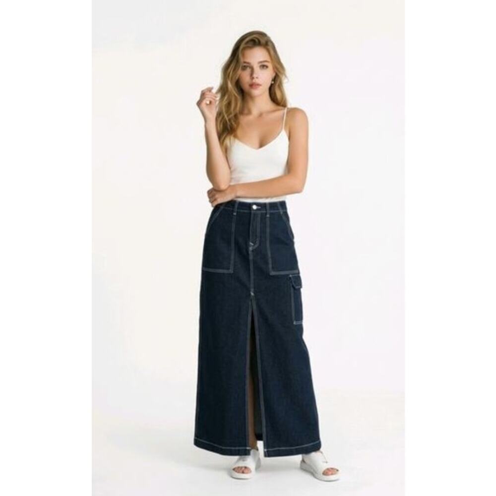 True Religion Denim Cargo Maxi Skirt 29 Dark Wash Y2K Utility EUC